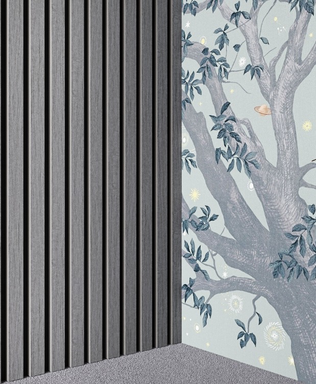 Акустическая панель, черный войлок, 2750х600х21мм, рейки МДФ, шпон дуб ардженто светло-серый